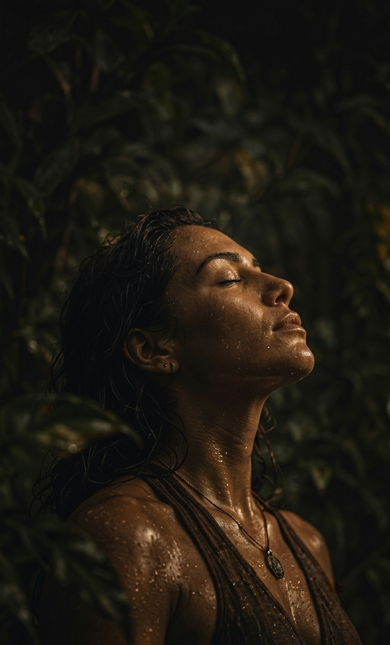Persona respirando bajo la lluvia de la selva