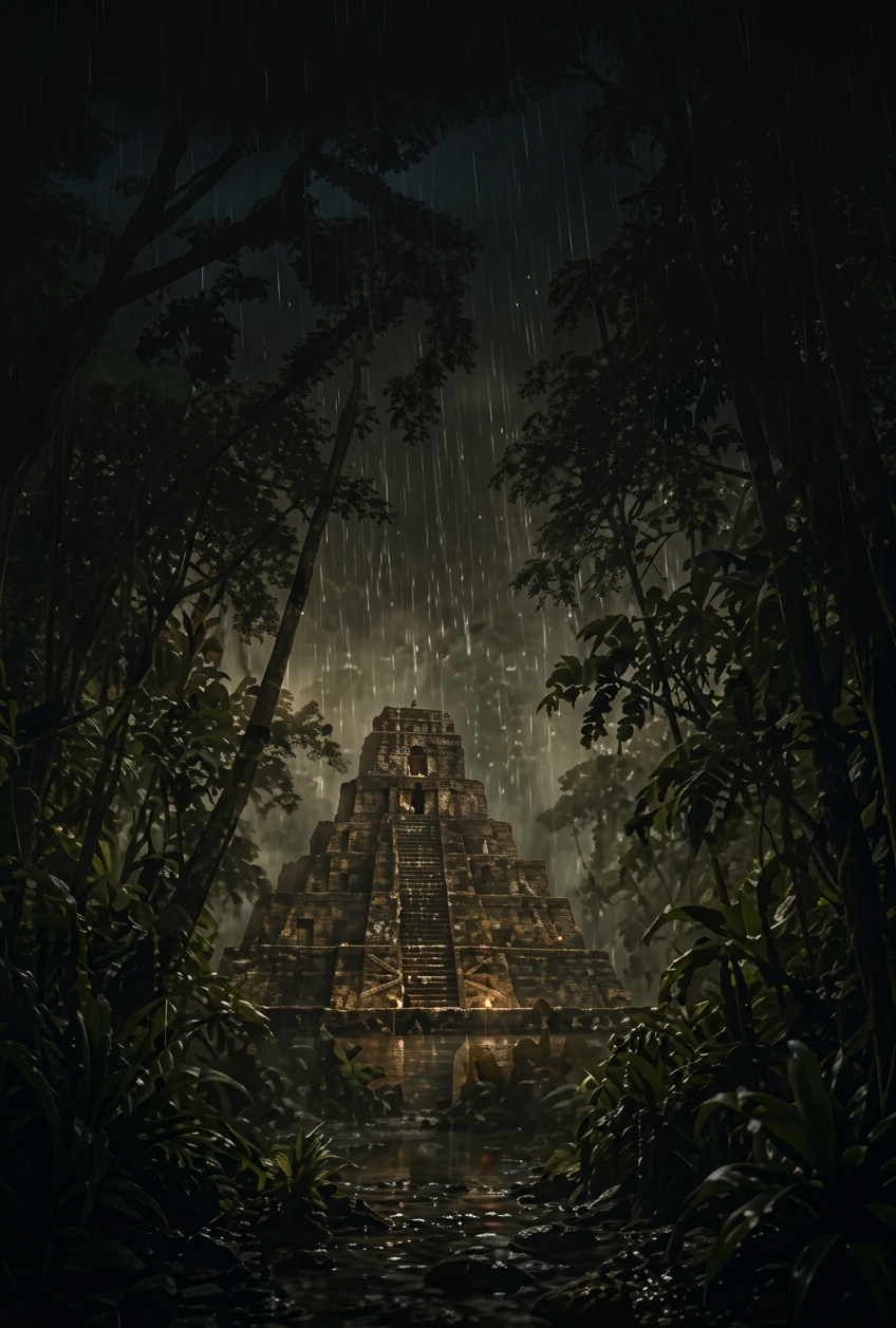 Pirámide antigua bajo la lluvia nocturna